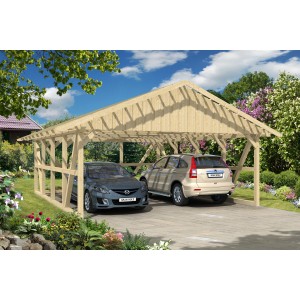 Skan Holz Carport Schwarzwald mit Rückwand und zwei geparkten Autos unter dem Carport.