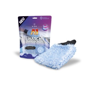 A1 Premium Mikrofaser Waschhandschuh, hellblau, flauschig, mit schwarzem Bund, neben der Autopflege-Verpackung.