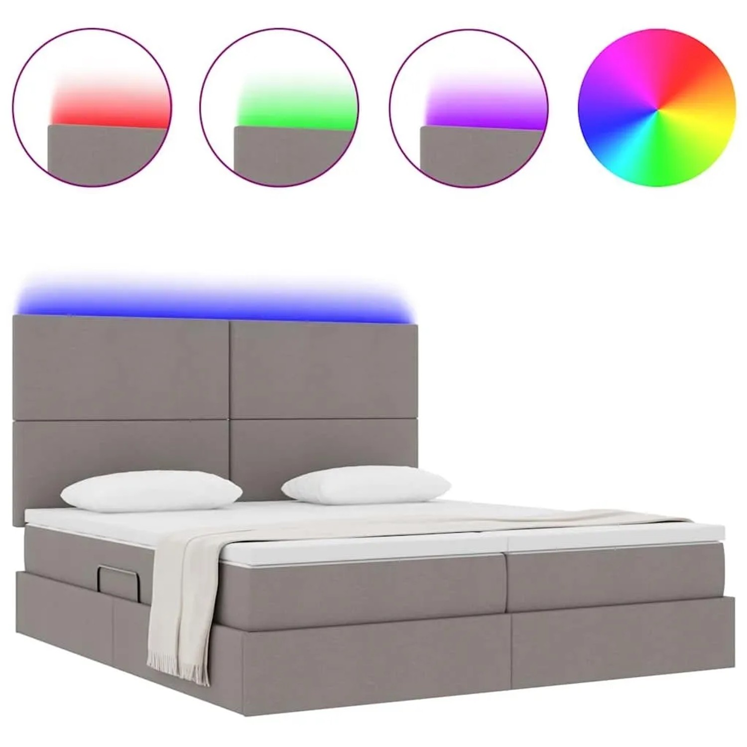 vidaXL Bett mit LED-Lichtleisten, Kopfteil, Stoff Taupe, 200x200 cm.