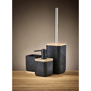 Schwarzes Bad-Set 'Kleine Wolke Crossover': Zahnputzbecher, Seifenspender, WC-Garnitur mit Bambus-Akzenten.