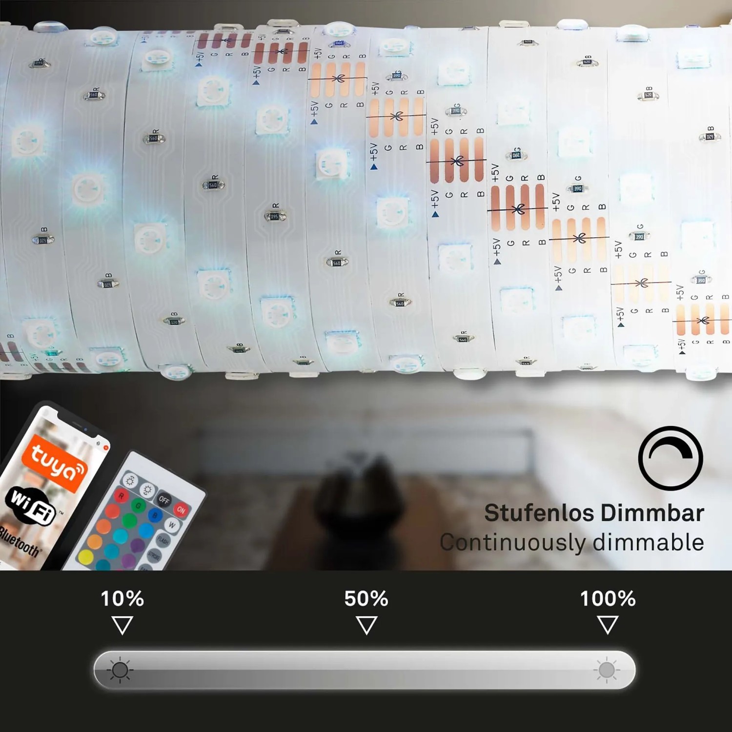 Brilo Wifi LED-Strip RGB, 5m, mit Fernbedienung und App-Steuerung, kürzbar.