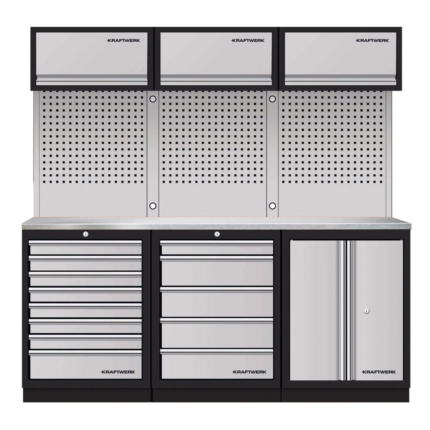 Kraftwerk Werkbank Mobilio 3er Kombi Lochwand Edelstahl 204 cm Schwarz-Silber