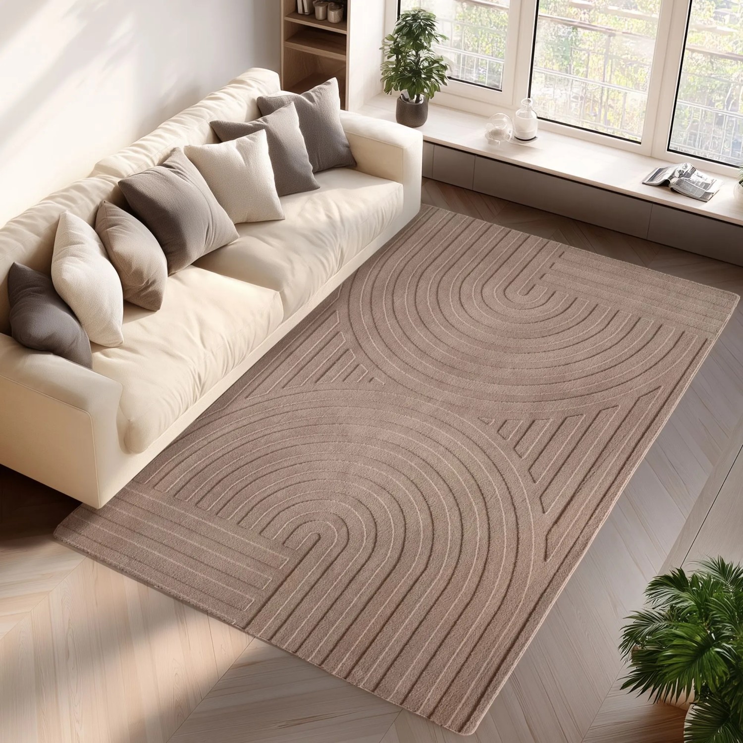 Beiger Kurzflorteppich Pompei 1611 (160x230 cm) mit modernem 3D-Reliefmuster im Wohnzimmer.