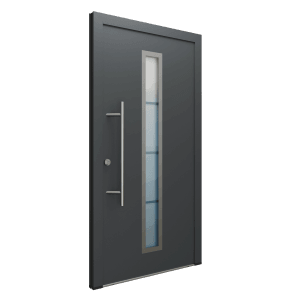 Anthrazitfarbene FM Tür AS68 mit Glasausschnitt, Edelstahlgriff und Beschlägen Set. Haustür für den Innenbereich.