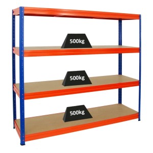 PROREGAL Schwerlastregal Dino, blau/orange, mit 4 MDF-Fachböden und hoher Traglast.