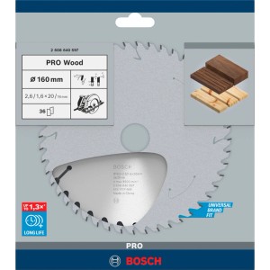 Bosch Kreissägeblatt T36 Pro Wood, 160 mm Durchmesser, für präzise Holzschnitte.