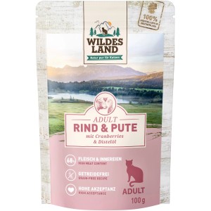 Wildes Land Katzen-Nassfutter Rind & Pute, 100g Packung. Alleinfutter für Katzen.