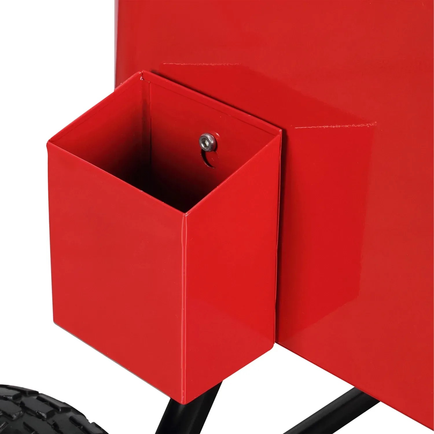 Detailaufnahme: Roter Axi Bollerwagen Kühlbox mit Flaschenöffner-Auffangbehälter.