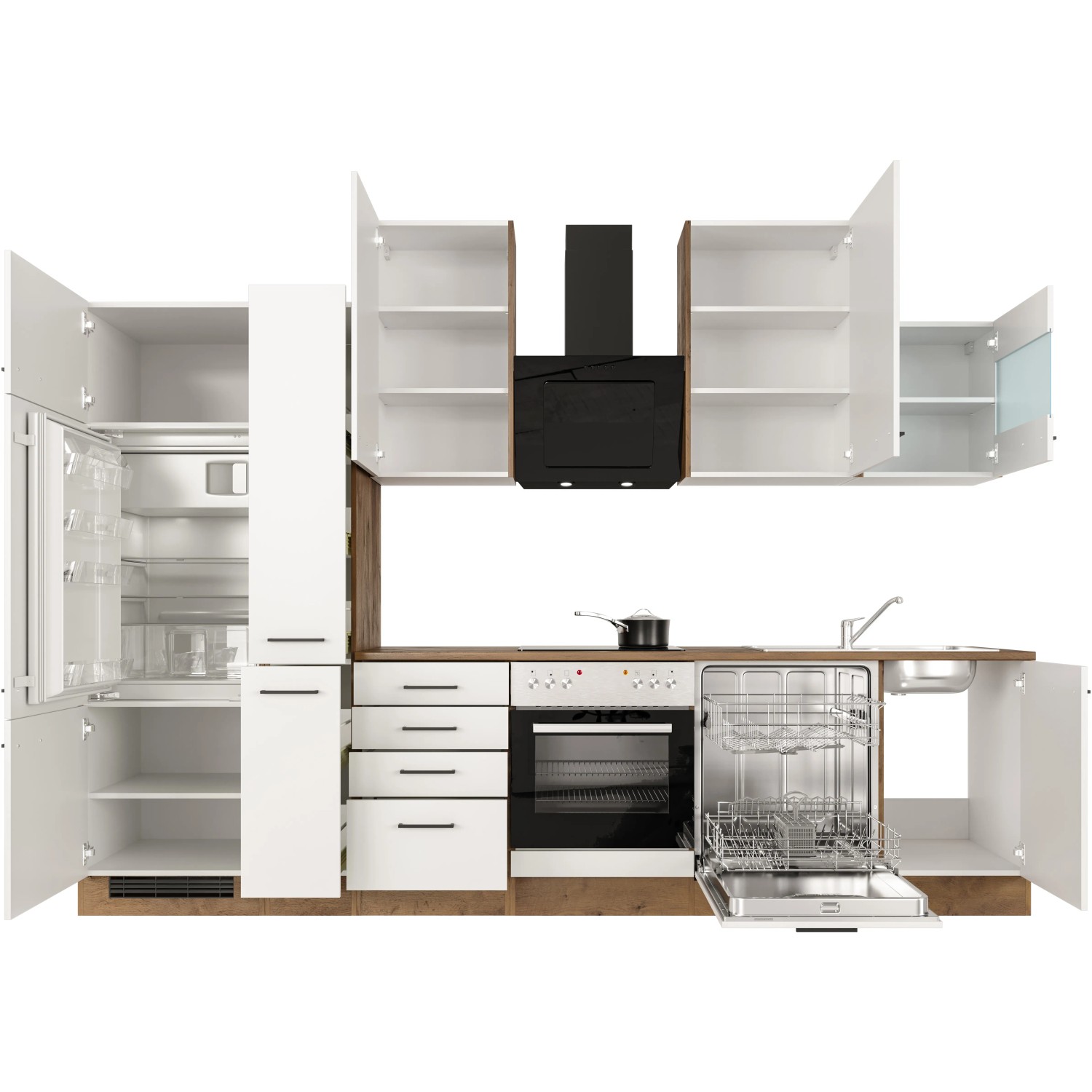 Flex-Well Küchenzeile Vintea 310 cm, Magnolia/Lancelot Oak, mit E-Geräten wie Herd, Kühlschrank und Geschirrspüler.