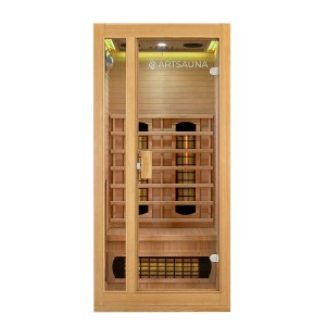 Artsauna Infrarotkabine Nyborg S90V mit Vollspektrumstrahlern aus Hemlockholz und Glastür.