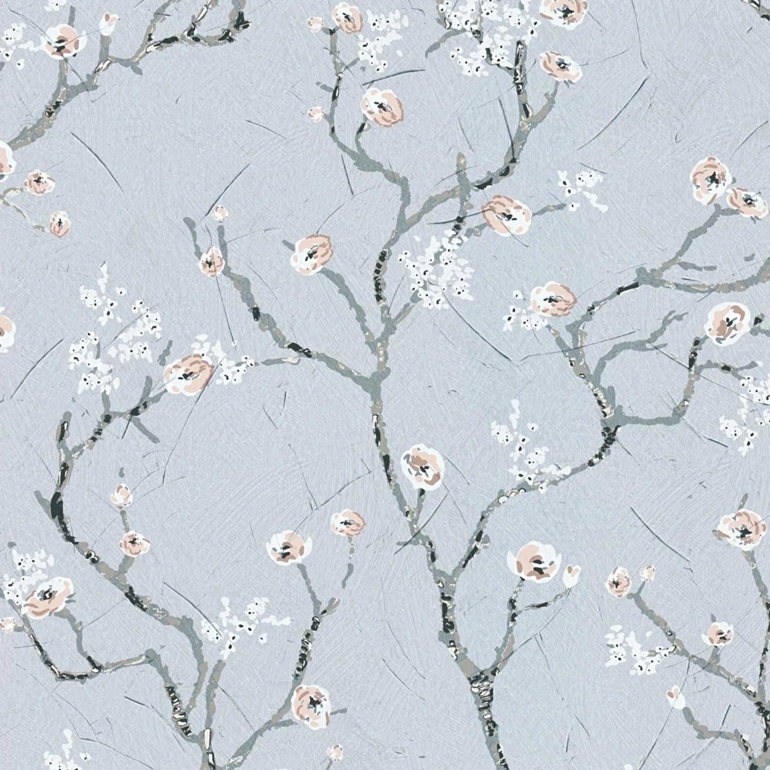 Bricoflor Moderne Blumentapete Grau mit Kirschblüten Vliestapete mit Blumen Gemalt Ideal für Büro und Wohnzimmer