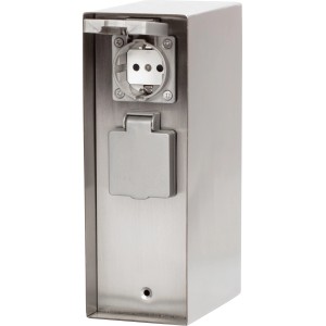 4-fach Steckdosensäule IP44 in Silber aus Edelstahl für den Außenbereich.