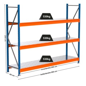 PROREGAL Weitspannregal MAXIMUS PRO Grundregal, 200x250x60cm, mit 3 Stahlplatten-Fachböden, blau/orange.