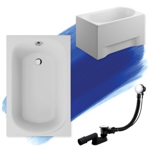 Weiße Rechteck-Badewanne MINI 110x70 mit Acryl-Schürze und Ablaufgarnitur. Modernes Acryl-Set für Ihr Bad.
