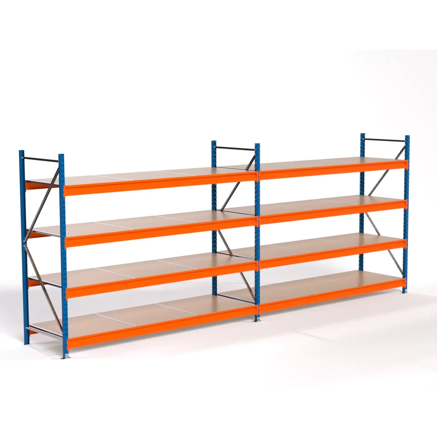 PROREGAL Industrie Weitspannregal Lagerregal MAXIMUS PRO Komplettregal 2 Felder HxBxT 200x500x80cm 4 Spanplatten-Fachboden Fachlast 530kg Blau/Orange