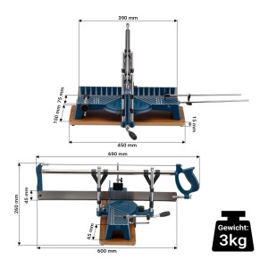 Wiltec Präzisions Gehrungssäge 600mm, blau, mit Holzsockel. Ansichten mit Maßen für präzise Holzzuschnitte.