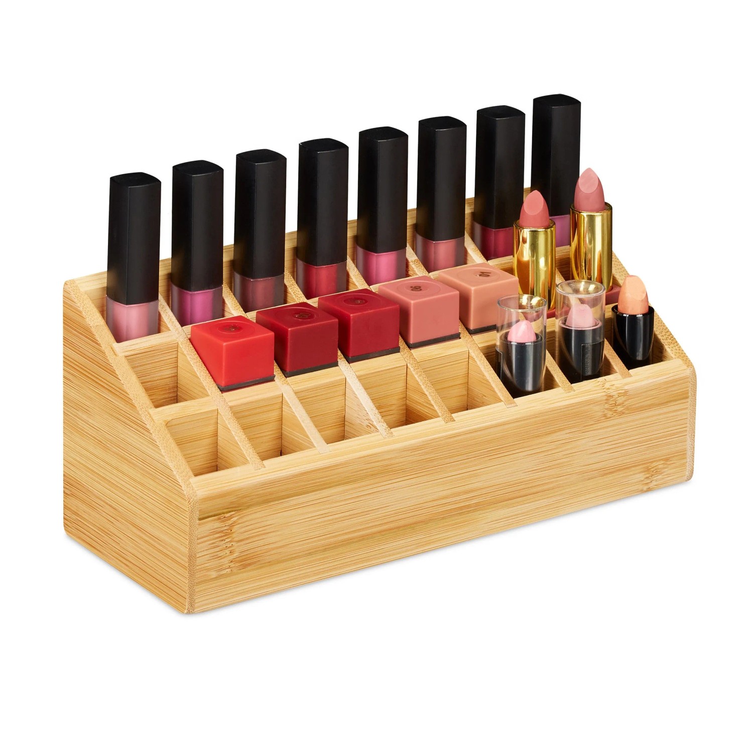 Relaxdays Lippenstifthalter Bambus Natur 24 Fächer 10 cm x 23 cm x 9 cm 440 g