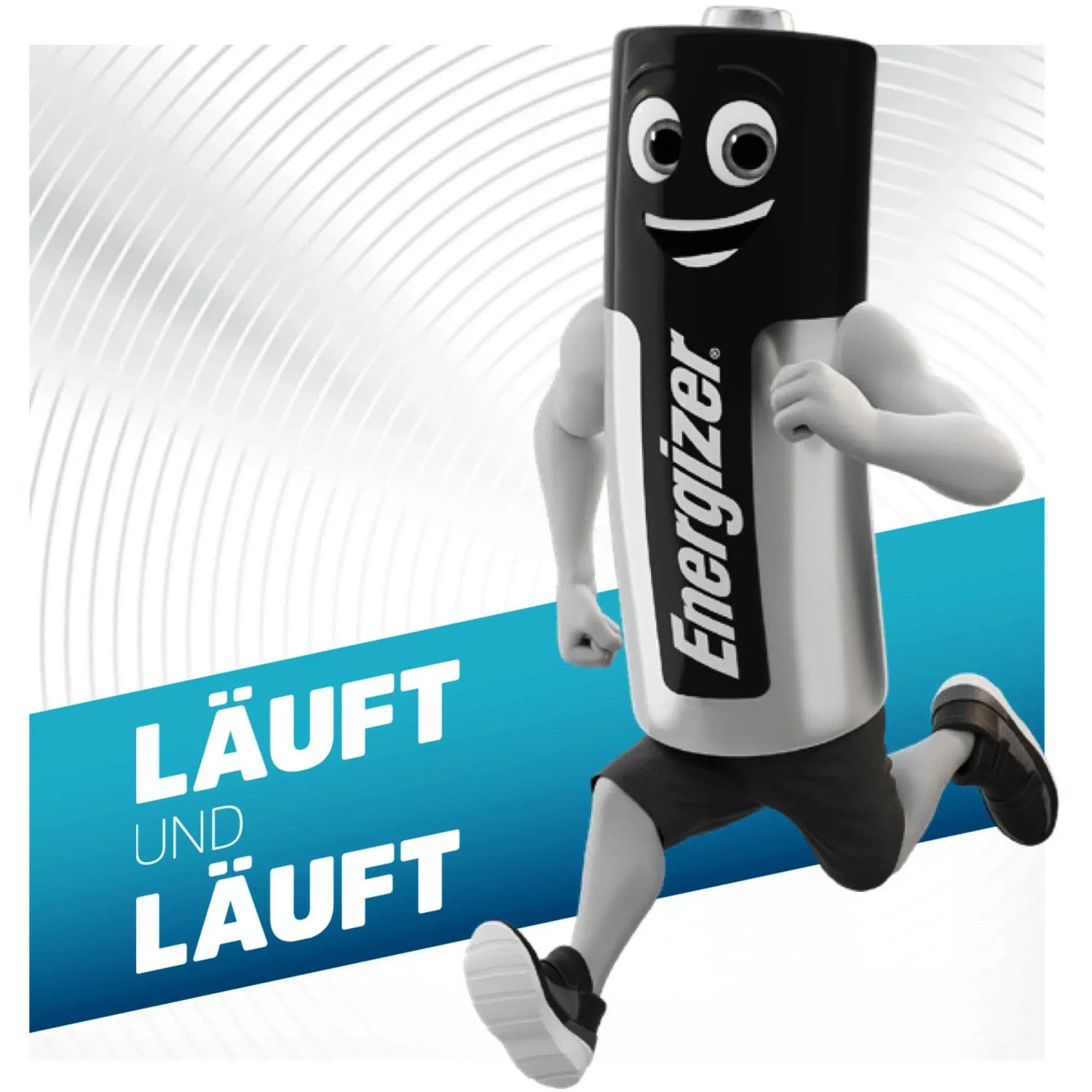 Cartoon einer laufenden Energizer Max Plus 9V Batterie. Langlebige Power für Geräte.