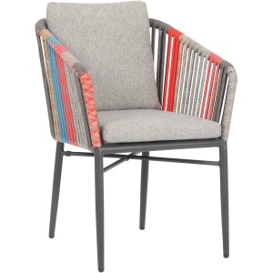 Acamp Manhattan Armsessel Set, 4-teilig, anthrazit mit bunten Akzenten und grauen Kissen.