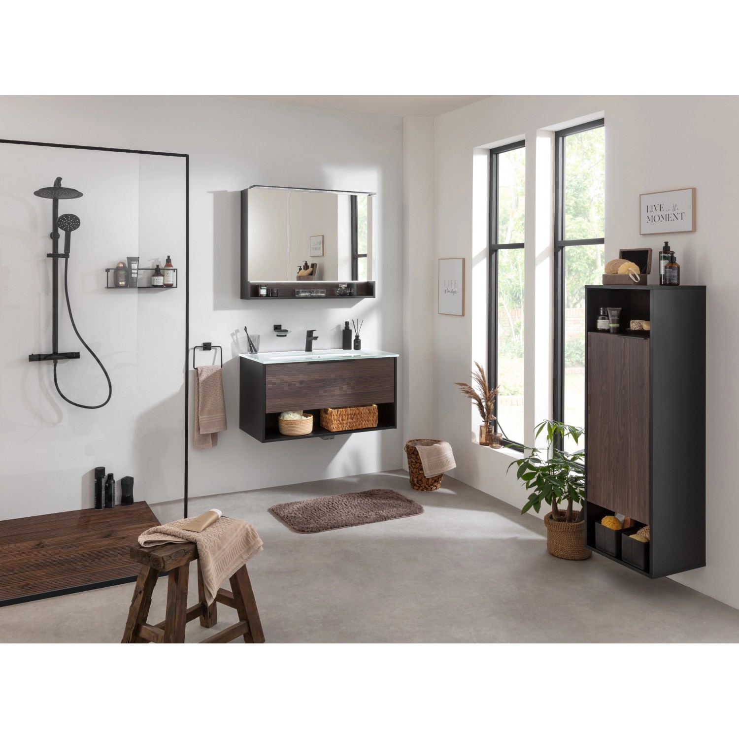 Fackelmann Waschtisch-Set B.Paris mit Glasbecken, 90,5 cm, Schwarz Matt und Rigoletto Eiche Dekor.