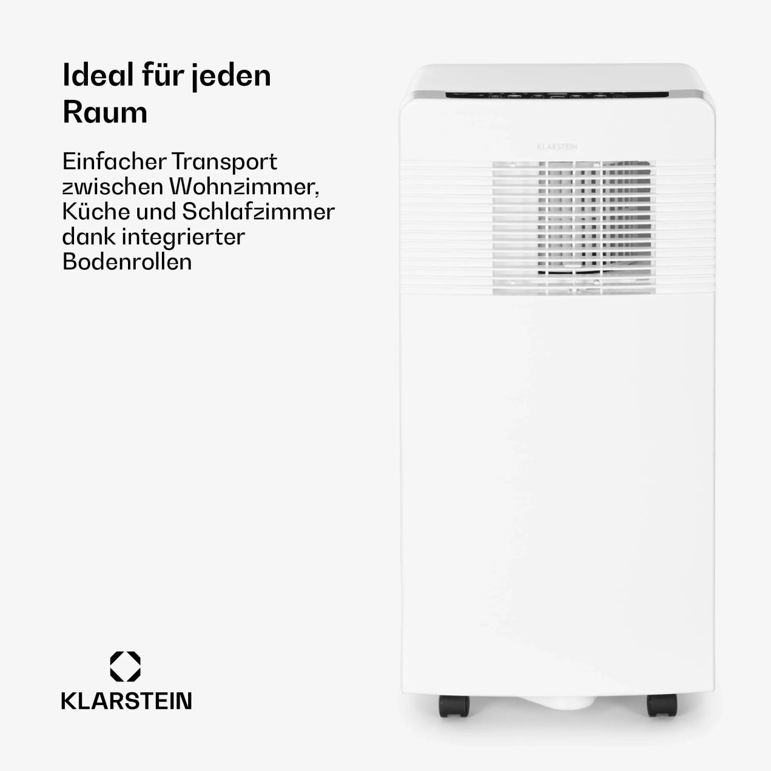 Weisse Klarstein Iceblock Ecosmart 7 Klimaanlage mit Rollen für einfachen Transport.