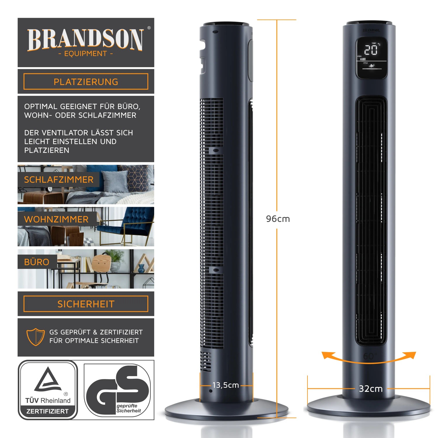 Brandson Turmventilator, 96cm, mit Fernbedienung. Mobiler, oszillierender Ventilator in Navy Blue.