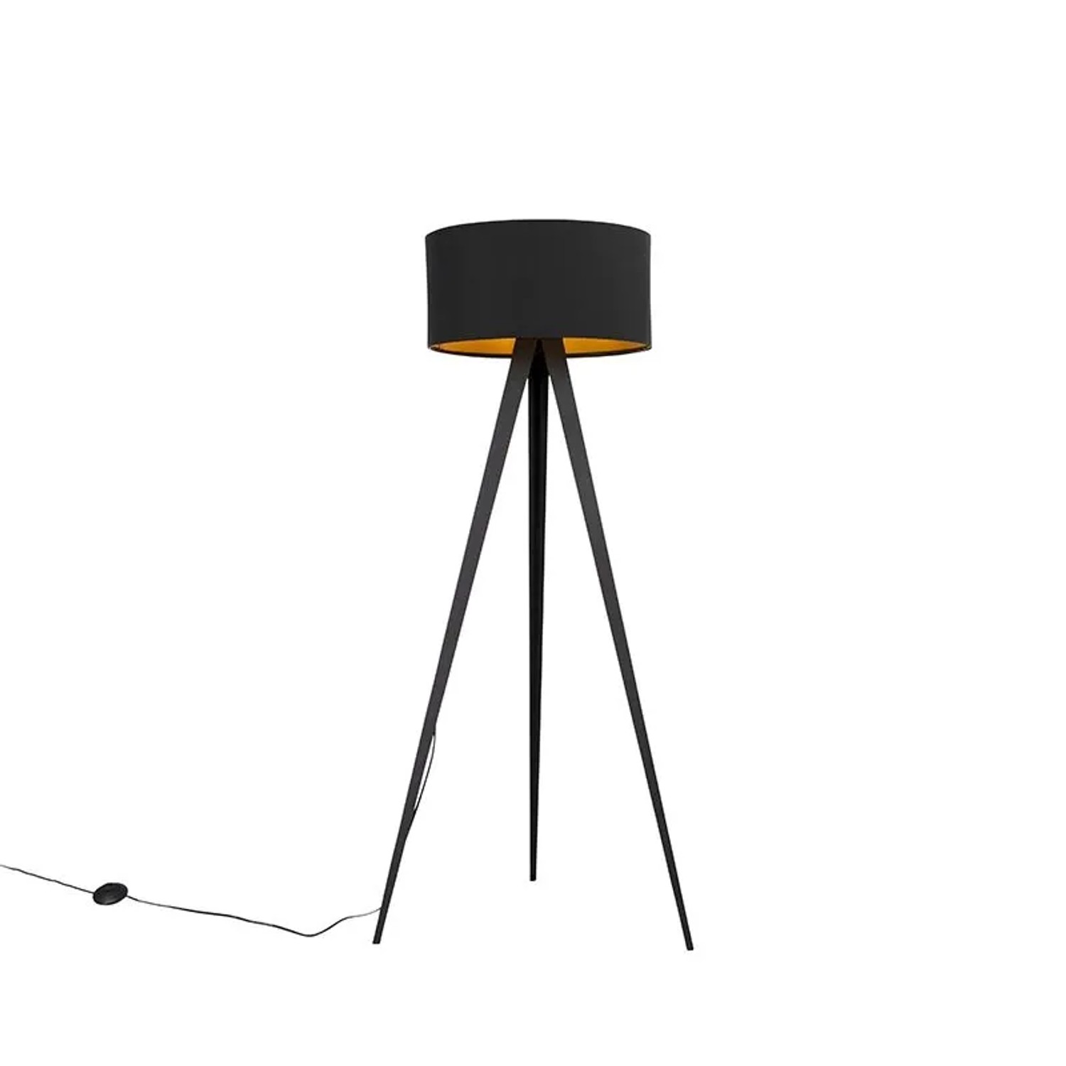 QAZQA Stehlampe Schwarz mit Schwarzem Schirm und Goldener Innenseite Ilse