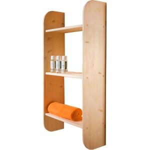 Weka Schrankregal aus Fichtenholz mit drei Fächern für Sauna-Zubehör.