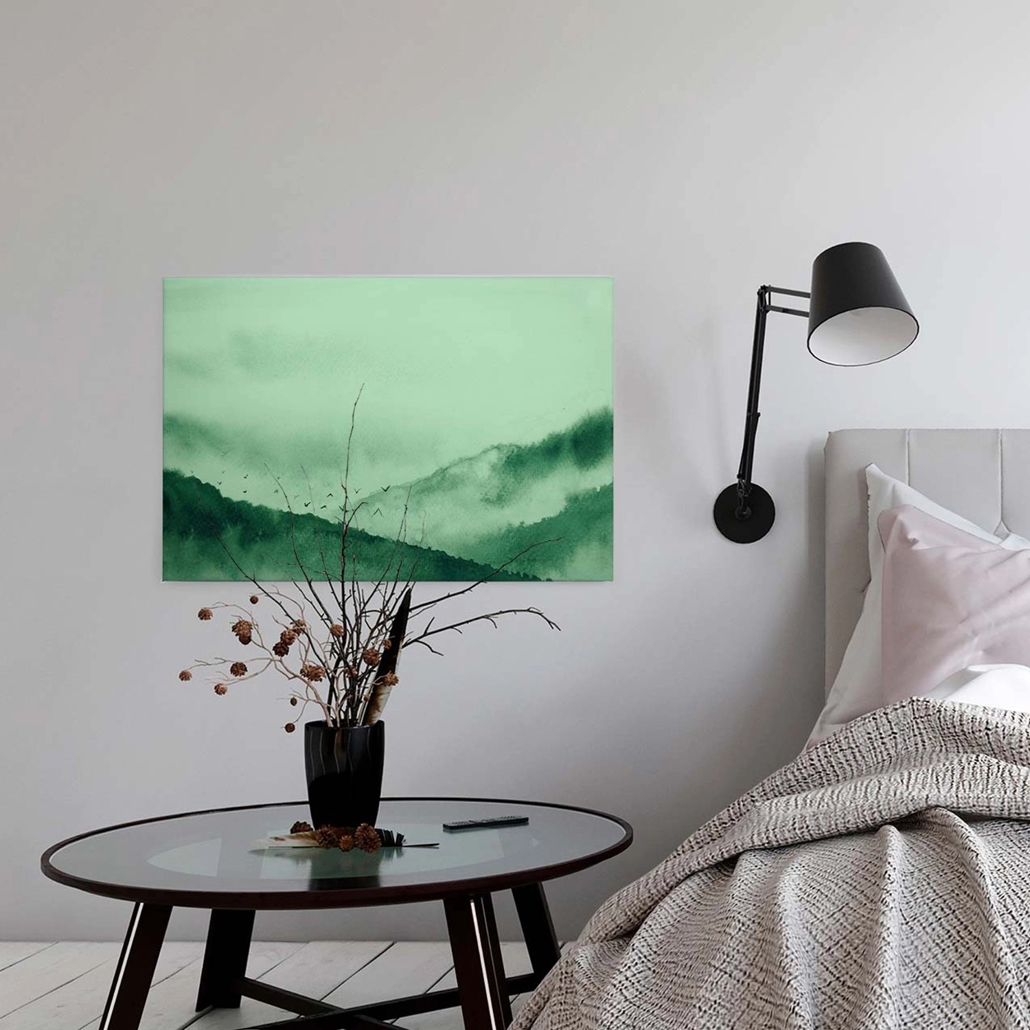 Bricoflor Grüne Leinwand Mit Landschaft Aquarell Bild Mit Bergen Und Vögeln günstig online kaufen