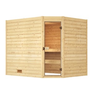 Weka Massivholzsauna Valida Eck mit Glastür, 9 kW Ofen Sparset. Fichte Natur, Eckeinstieg.