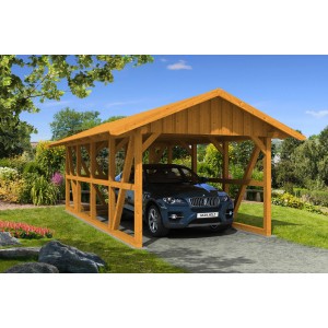 Skan Holz Carport Schwarzwald Eiche mit Dachschalung und Abstellraum, Fachwerkbauweise.