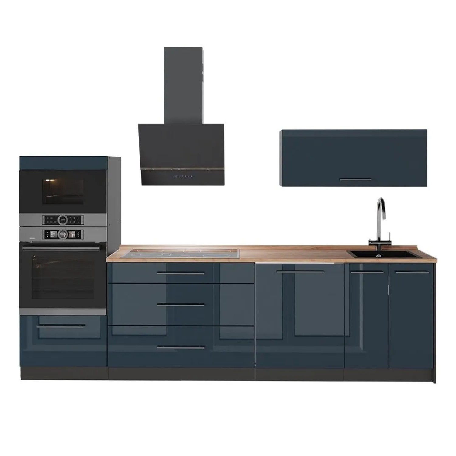 Vicco Küchenzeile Fame-Line Dunkelblau Hochglanz/Anthrazit 280 x 154 AP Eiche Art Nr 64664