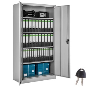 Grauer Tectake Aktenschrank aus Stahl mit zwei Flügeltüren, gefüllt mit Ordnern und Büromaterial.