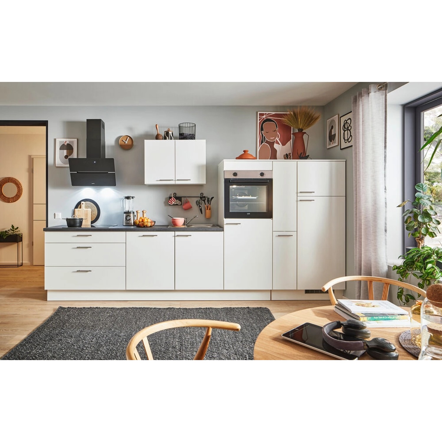 pino Küchenzeile 340 cm Weiß Anschlag rechts 1 Geräte-, 1 Apothekerschrank günstig online kaufen