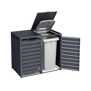 Weka Mülltonnenbox Gary für 2 Tonnen, Anthrazit, mit geöffneten Türen und Deckel.
