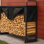 osoltus Kaminholzregal aus schwarzem Metall, gefüllt mit Brennholz, mit schwarzer Abdeckung. Ideal zur Holzlagerung.