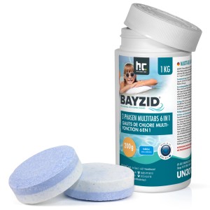 Bayzid 6in1 2-Phasen-Multitabs 200g/1kg für Poolreinigung. Chlortabletten mit blau-weißem Design.