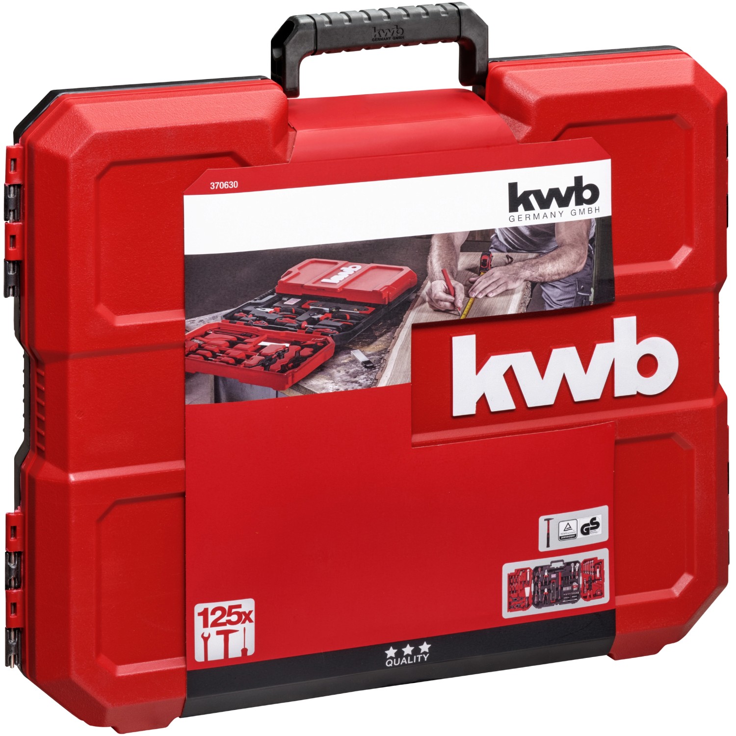 Roter kwb Werkzeugkoffer, 125-teilig, mit Werkzeug-Set für Heimwerker.