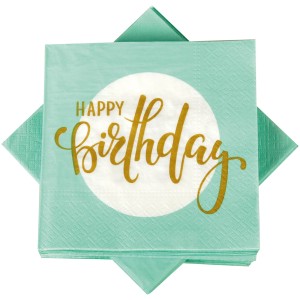 Bestlivings Servietten Happy Birthday, 3-lagig, 20er Pack, mintgrün mit goldenem Schriftzug.