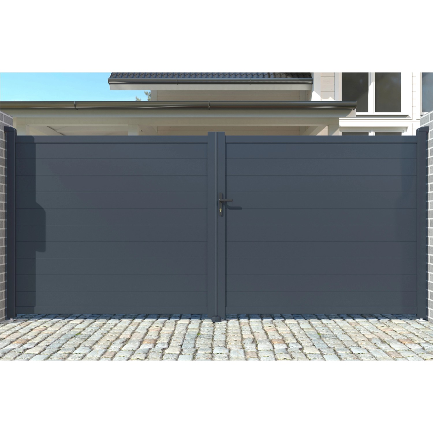 Elektrisches Flügeltor Eiger, 3 m breit, grau, mit Drehtorantrieb. Gartentor für Privatsphäre und Sicherheit.