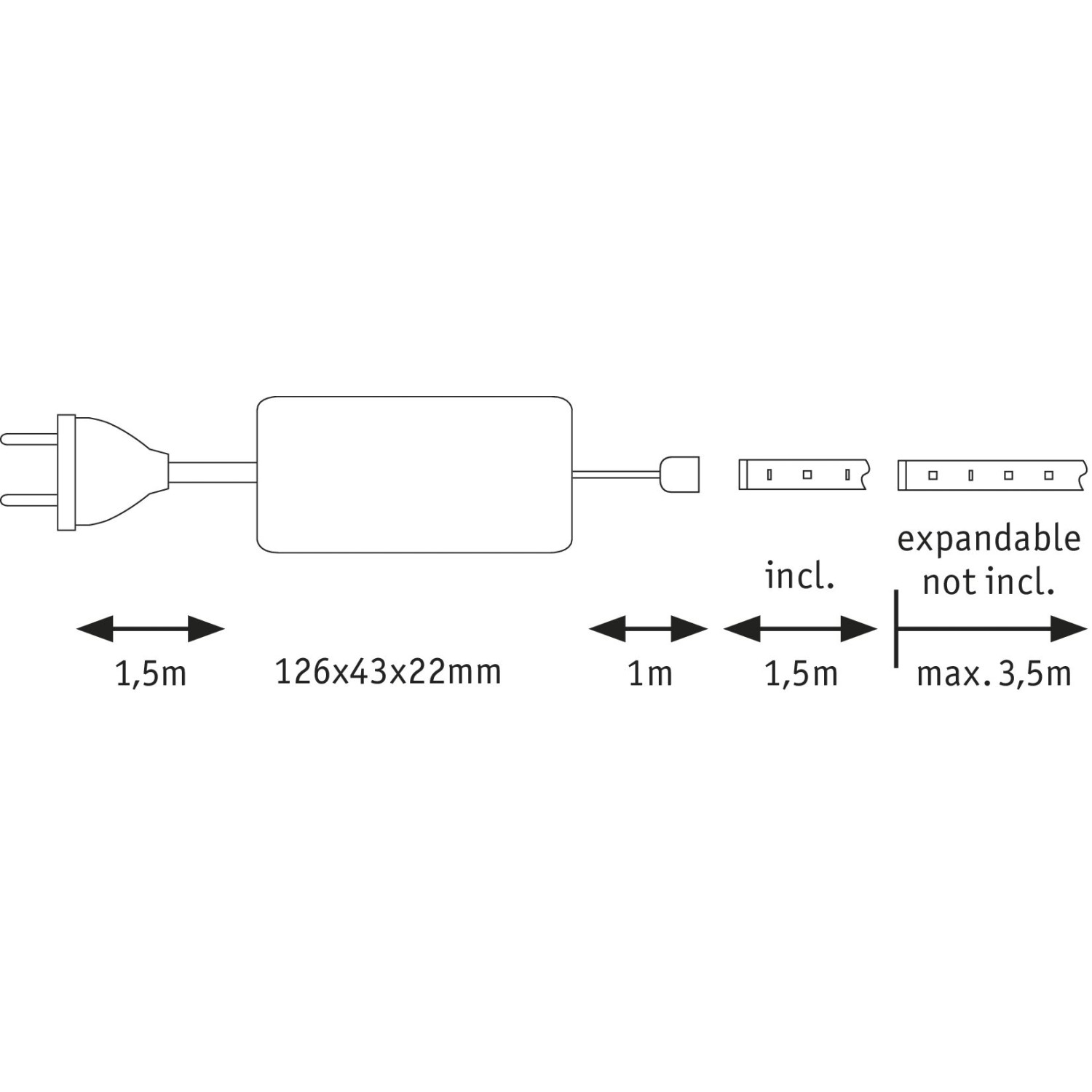 Abbildung der Maße des Paulmann MaxLED 500 Basis-Sets, bestehend aus Stecker, Netzteil und LED-Streifen.