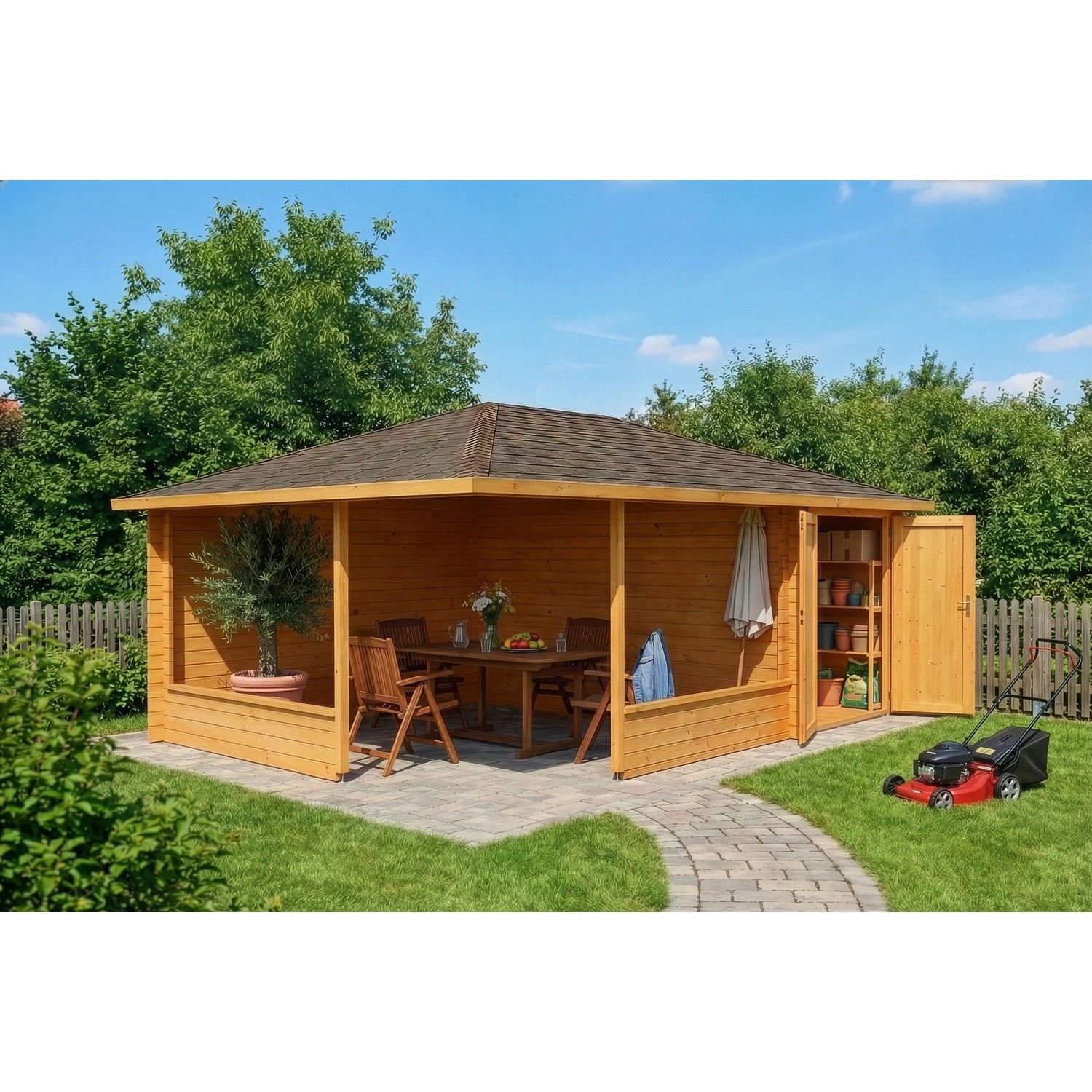 Imprägnierte 5-Eck Gartenlaube Maik-40 mit Anbau und Gartenmöbeln.