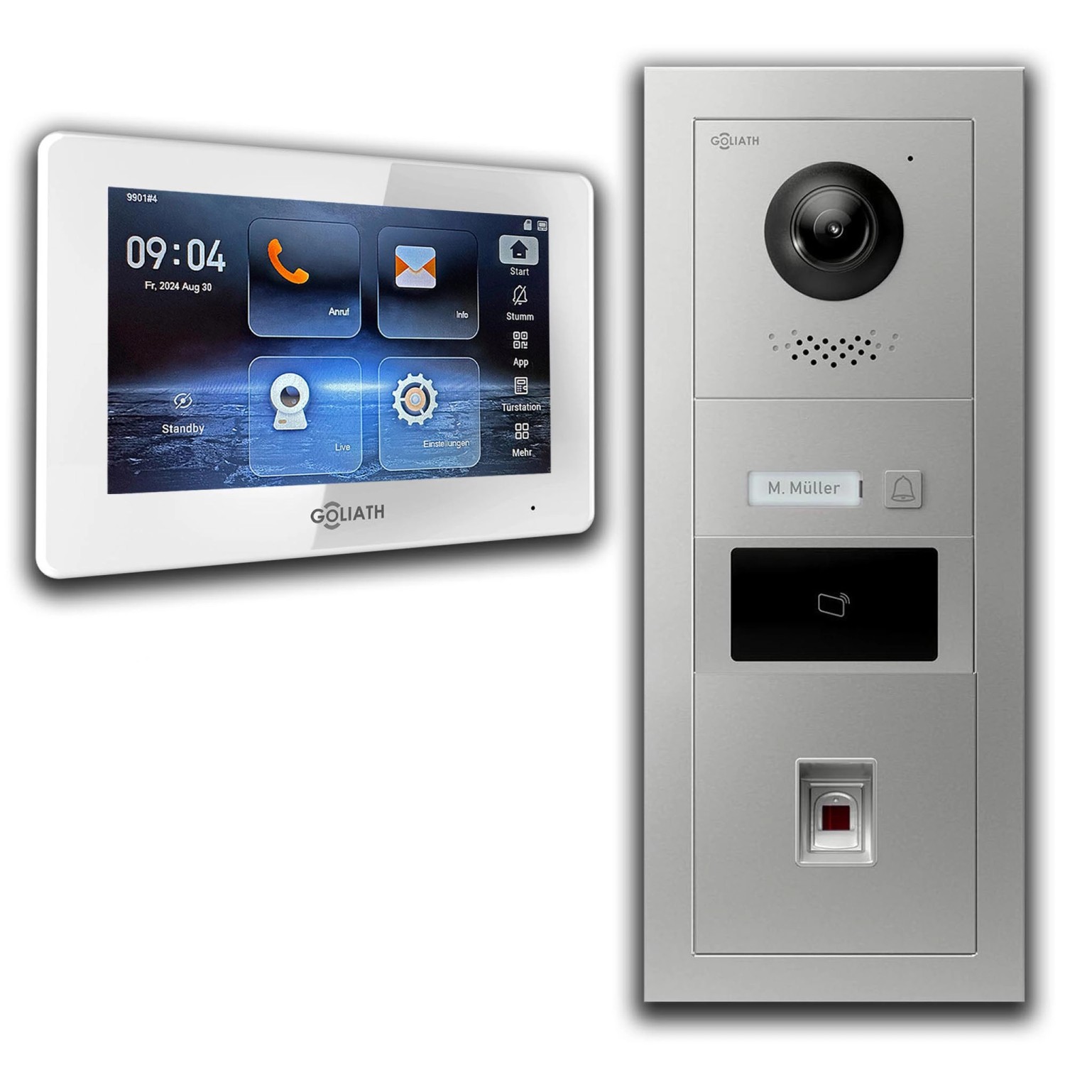 Goliath 2 Draht BUS IP Video Türsprechanlage 7 Zoll Weiß Fingerprint RFID Silber