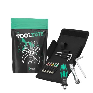 Wera Werkzeugset Tooltüte, 10-teilig, mit Schraubendreher, Bits, Flaschenöffner und Halterung.