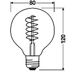 Abbildung einer Osram E27 LED Globe Lampe, 7,8W, warmweiß, mit Maßen 12x8cm.