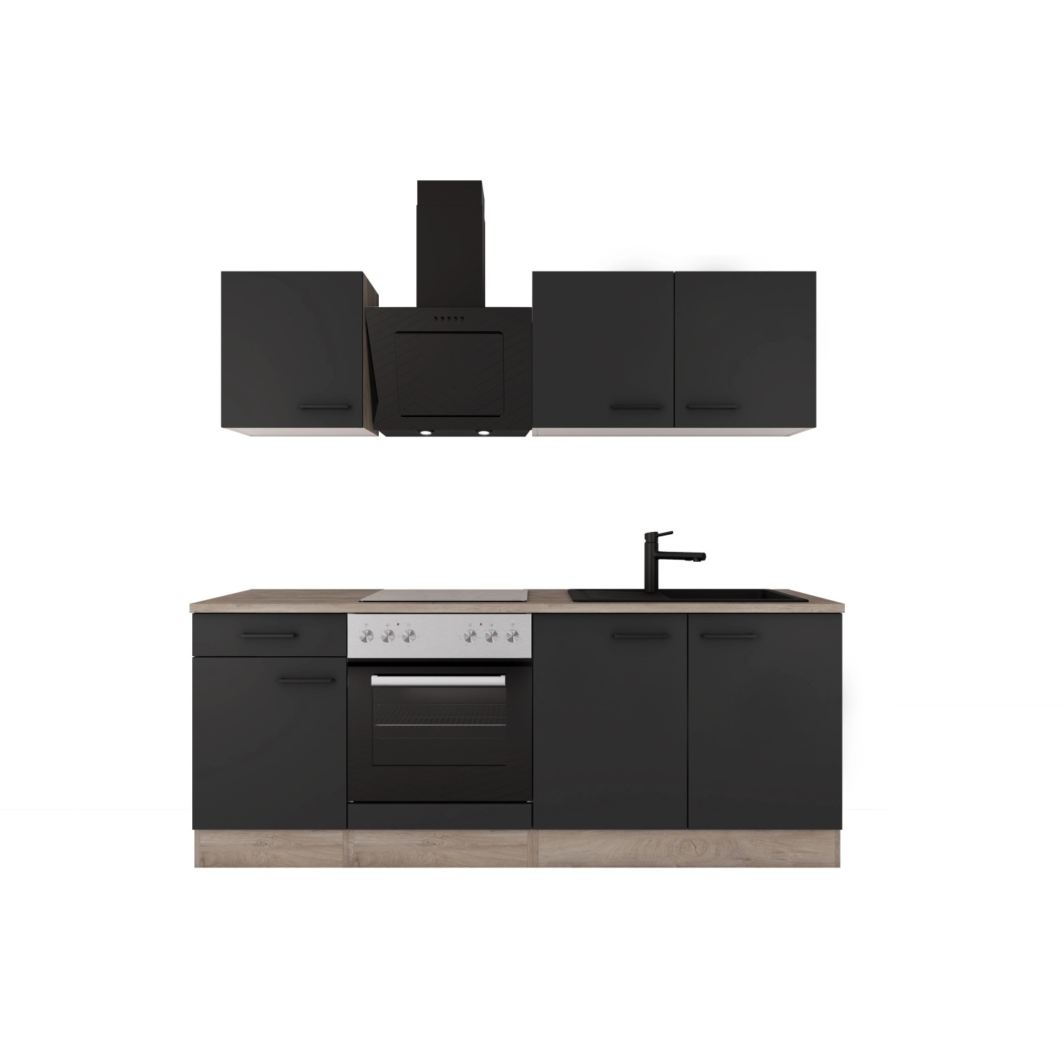Flex-Well Exclusiv Küche 1601-005sWs Capri 210 cm Schwarz Matt-Endgrain Oak günstig online kaufen