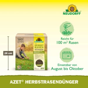 Neudorff Azet Herbst-Rasendünger 5 kg Packung. Kind düngt Rasen. Reicht für 100 m², anwendbar Aug-Okt. Fördert Winterhärte.