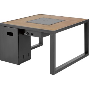 Quadratischer Lounge-Feuertisch Casas mit Holzoptik und Stahlgestell für Terrasse und Garten.