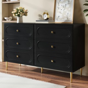 Schwarzes Merax Sideboard mit 6 Schubladen, ovalen Fronten und goldenen Metallfüßen. Moderner Wohnzimmerschrank.
