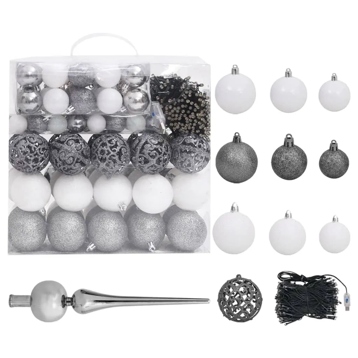 Weihnachtsbaum-Deko Set: Spitze, Kugeln in Weiß- und Grautönen, Lichterkette für künstlichen Weihnachtsbaum.
